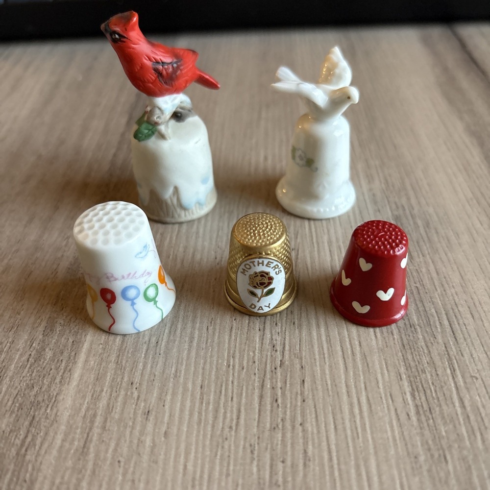 Vintage Set 5 Bird Holiday Occasion Thimbles Italy Japan Enesco Porcelain China